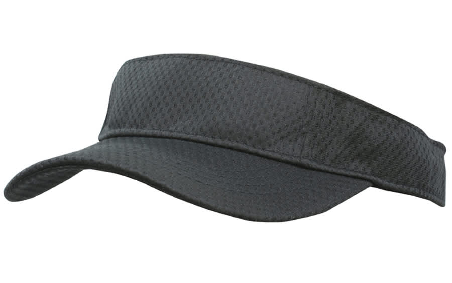 A black sports mesh visor with a wide brim and textured fabric, featuring a logo on the front.