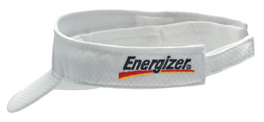 A white sports mesh visor with a logo on the band. It features a classic design and curved brim.