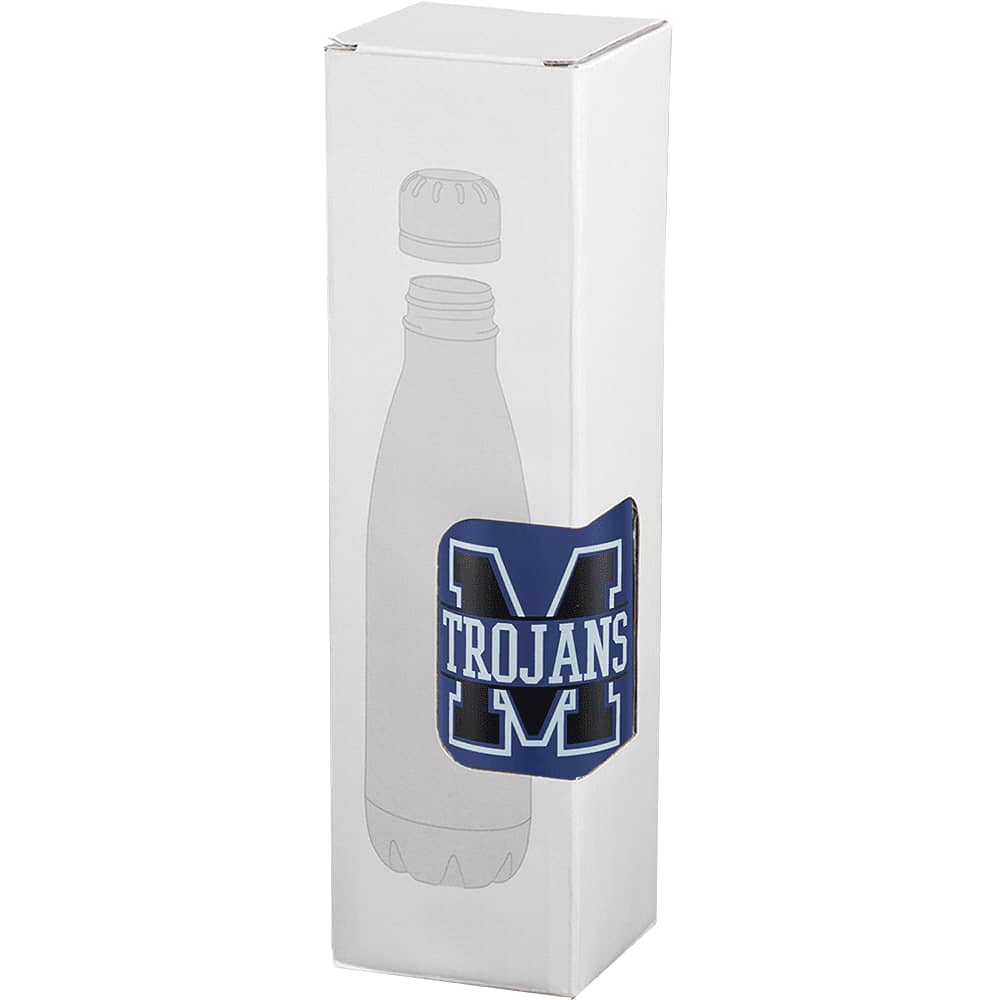 A white box designed for packaging a pen, featuring a logo and an image of a drink bottle.