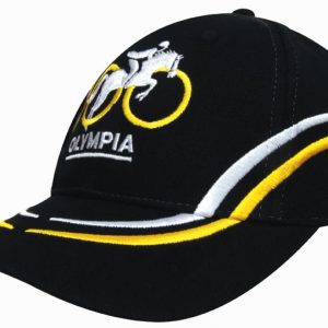 A black cotton cap featuring curved embroidery in yellow and white, with a logo on the front.