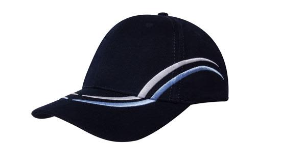 A navy blue cap with curved embroidery on the crown and peak, featuring a logo.