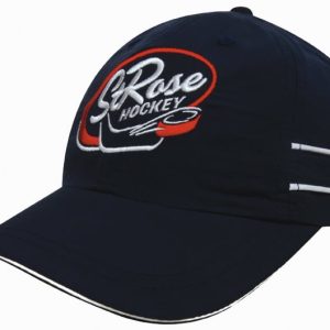 A navy microfibre sports cap featuring white piping and embroidery with a logo.