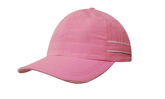 A pink microfibre sports cap featuring piping and a sandwich peak, with a logo on the side.