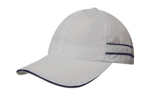 A light grey microfibre sports cap with navy piping and a sandwich peak, featuring a logo on the side.