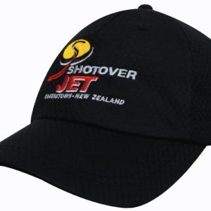 A black sports mesh cap with an embroidered logo on the front, featuring a curved peak.
