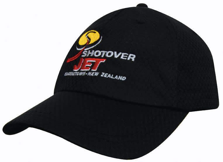 A black sports mesh cap with an embroidered logo on the front, featuring a curved peak.