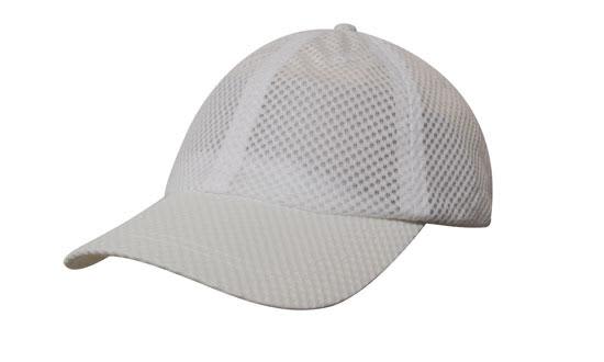 A white sports mesh cap with a curved brim and a breathable design featuring a logo.