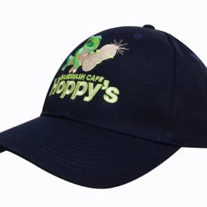 A navy blue twill cap featuring an embroidered design and a logo on the front.