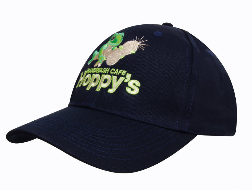 A navy blue twill cap featuring an embroidered design and a logo on the front.