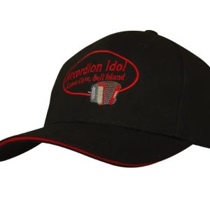 A black cap with a sandwich trim, featuring a logo on the front.