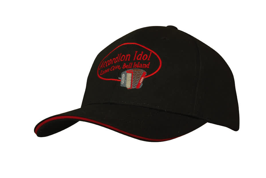 A black cap with a sandwich trim, featuring a logo on the front.