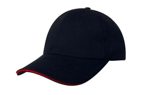 A black Chino Twill cap with a red sandwich trim, featuring a curved peak and a logo.