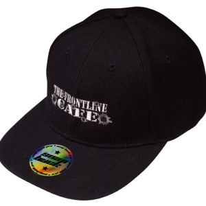 A black cap featuring a logo on the front and a snapback design. It has a flat peak and is made from twill.