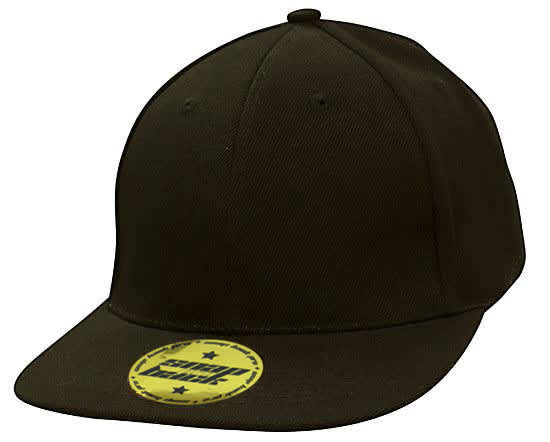 A dark brown snapback cap with a straight peak, featuring a logo on the front.
