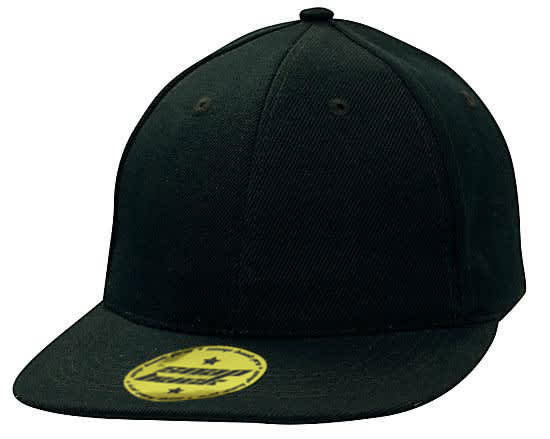 A black premium American twill cap with a snap back design and a logo on the front.
