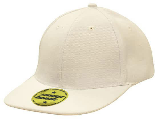 A premium cream-coloured twill cap with a snapback and pro styling, featuring a logo.