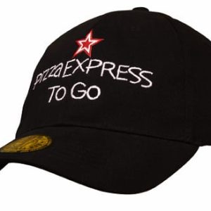 A black cap featuring a logo and embroidered text, styled with a curved brim and a rounded top.