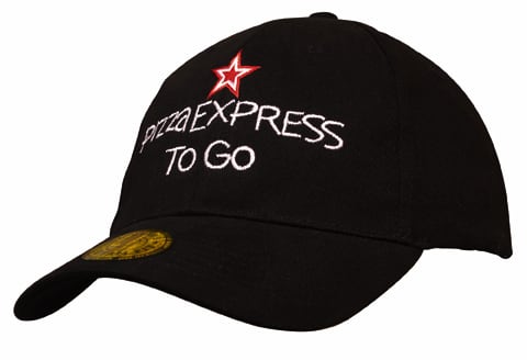 A black cap featuring a logo and embroidered text, styled with a curved brim and a rounded top.