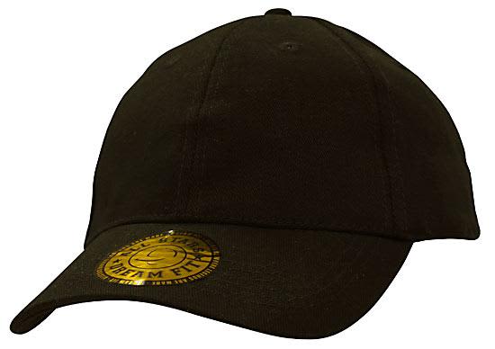 A black cap featuring a rounded crown and a visor, with a logo on the side indicating 