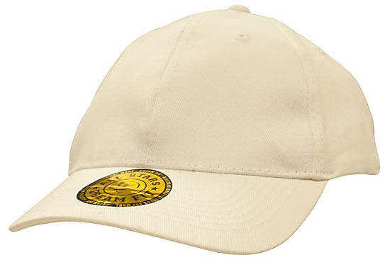 A beige cap made of heavy cotton and spandex, featuring a logo on the front.