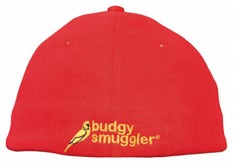 A red cap featuring a logo, made from brushed heavy cotton and spandex with Dream Fit styling.