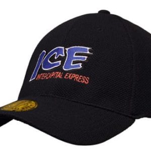 A black cap with a structured design and an embroidered logo featuring blue and red text.