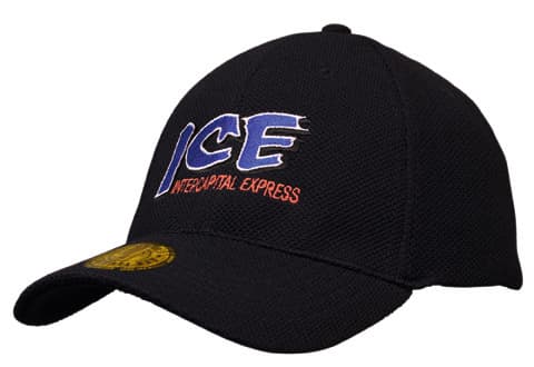 A black cap with a structured design and an embroidered logo featuring blue and red text.