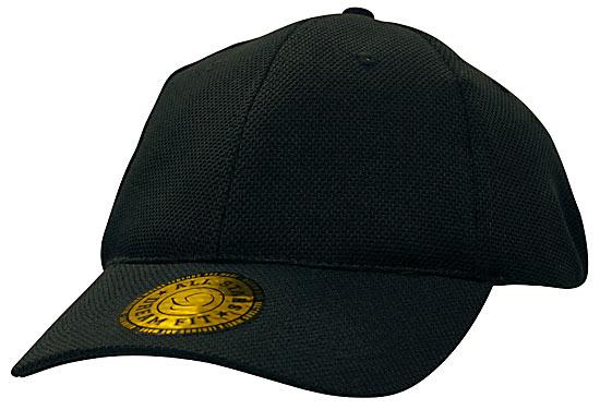 A black mesh cap featuring a curved peak and textured fabric, with a logo on the front.