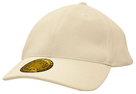 A cream-coloured cap with a textured mesh design and a round logo. Features a curved brim and a fitted style.