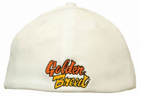 A white cap with a logo on the front, featuring a mesh design and a fitted style.