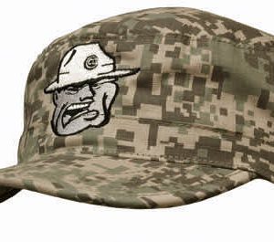 A digital camouflage military cap in shades of green with a logo on the front.