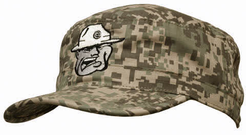 A digital camouflage military cap in shades of green with a logo on the front.