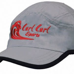 A grey microfibre sports cap with a black trim on the edge of the crown and peak, featuring a logo.