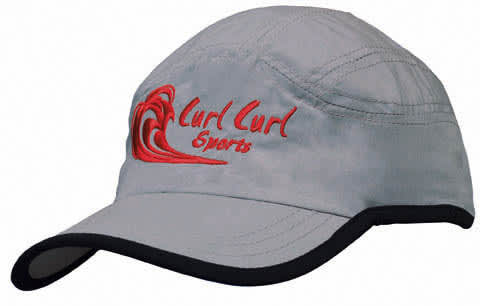 A grey microfibre sports cap with a black trim on the edge of the crown and peak, featuring a logo.