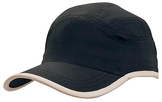 A black microfibre sports cap with a cream trim on the edge of the crown and peak, featuring a logo.