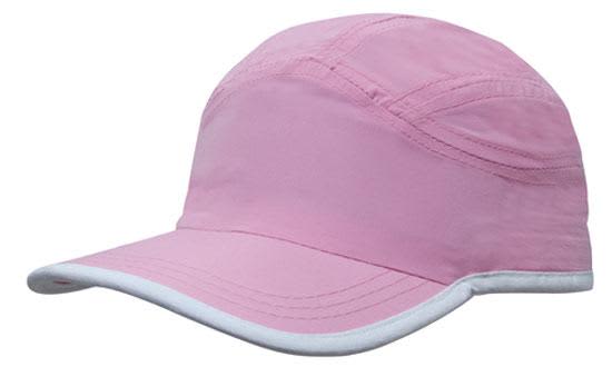 A pink microfibre sports cap with white trim on the edge of the crown and peak, featuring a logo.