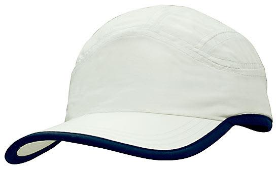 A microfibre sports cap in white with a navy trim on the edge of the crown and peak. It features a logo.