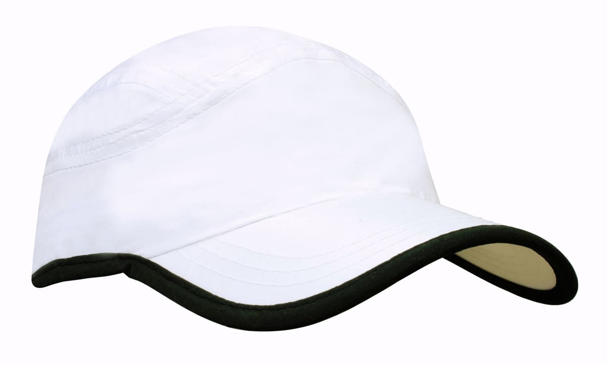 A white microfibre sports cap with a green trim around the edge of the crown and peak. Features a logo.