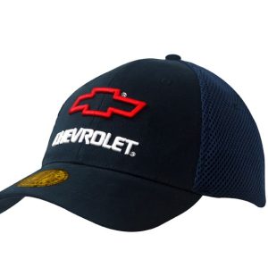 A navy and mesh cap featuring a prominent logo on the front and a curved brim.