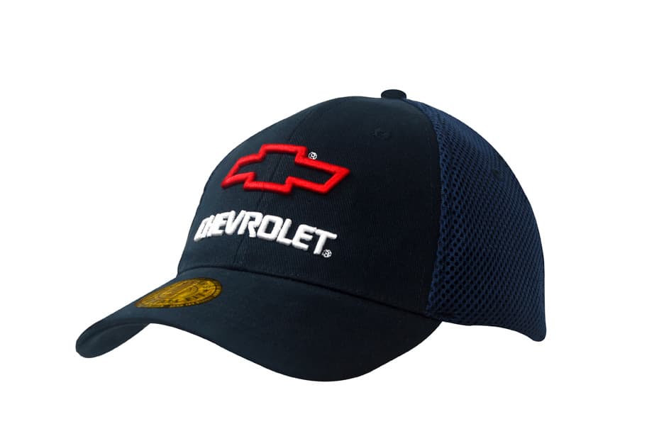 A navy and mesh cap featuring a prominent logo on the front and a curved brim.