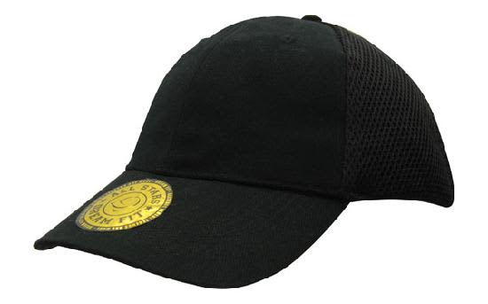 A black sandwich mesh cap featuring a logo and a breathable mesh design for comfort and style.