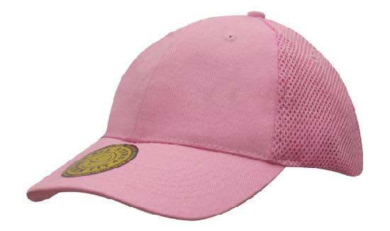 A pink sandwich mesh cap featuring a structured design and a branded tag on the visor.