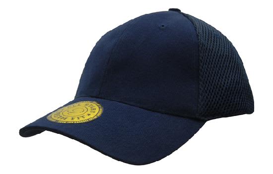 A navy blue sandwich mesh cap featuring a round logo and a breathable mesh panel.