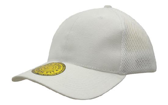 A white mesh cap featuring a curved brim and a branding logo on the side.