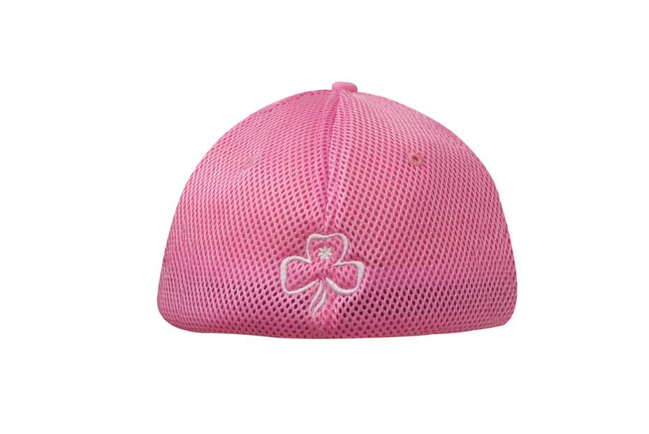 A pink sandwich mesh cap featuring a decorative logo and a breathable design.