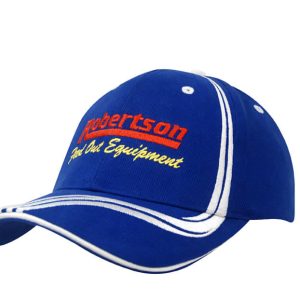 A blue cap with waving stripes on the crown and peak, featuring a logo and contrasting stitching.