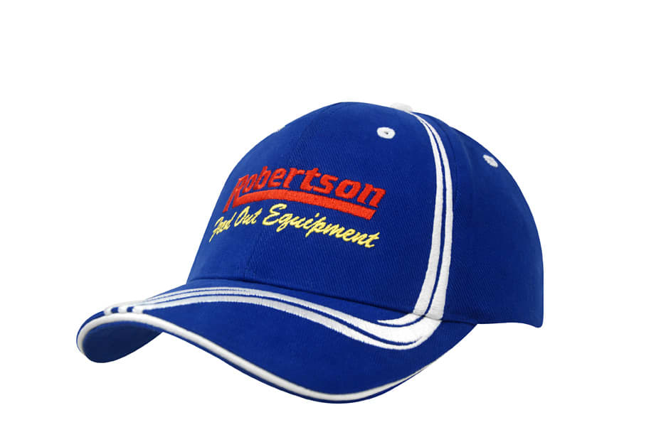 A blue cap with waving stripes on the crown and peak, featuring a logo and contrasting stitching.