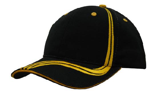 A black cap with waving yellow stripes on the crown and peak, featuring a logo on the front.