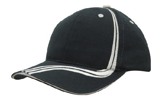 A black brushed heavy cotton cap featuring white waving stripes on the crown and peak, with a logo on the front.