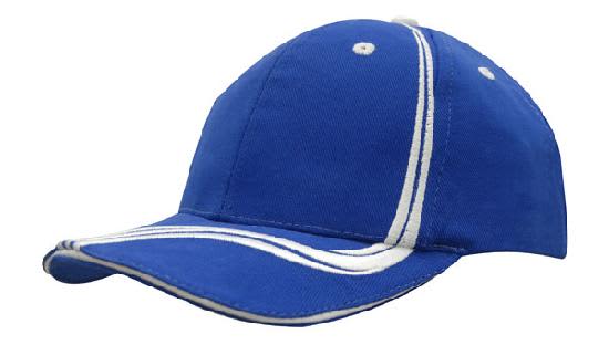 A blue cap with white waving stripes on the crown and peak, featuring a logo on the front.